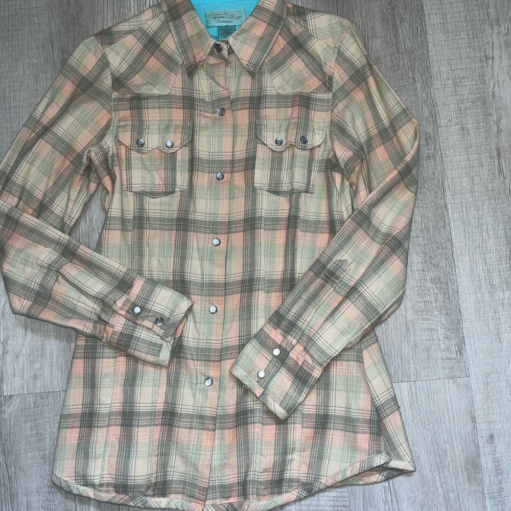 New Tasha Polizzi Western Pearl Snap button front warm flannel Shirt pink/gr… - Picture 4 of 16